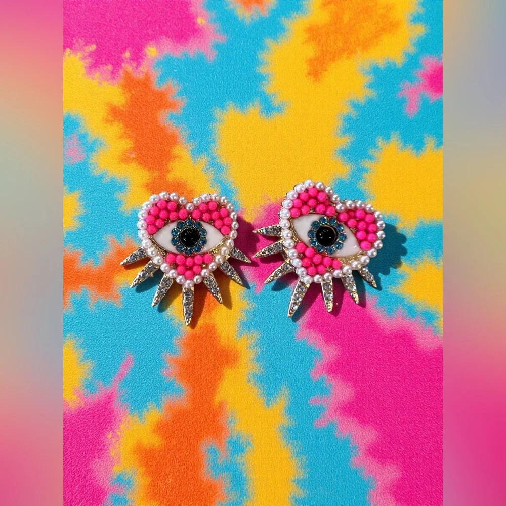 Pink White Gold Heart Rhinestone Evil Eye Post Earrings with Spikes
